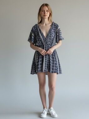 Navy Blue Patterned V-Neck Short romper